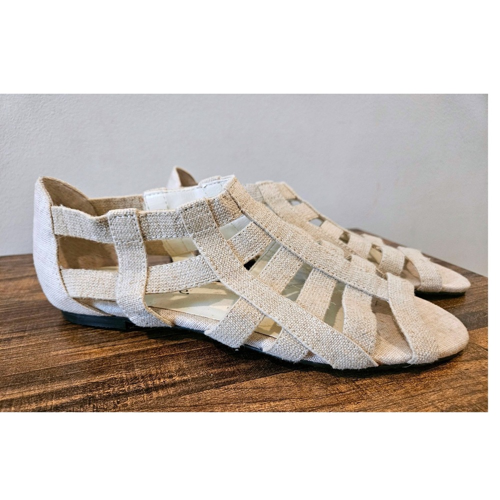 J. Renee Beige Linen Sandals Flat Boho Minimalist‎ Neutral Womens Size 7M